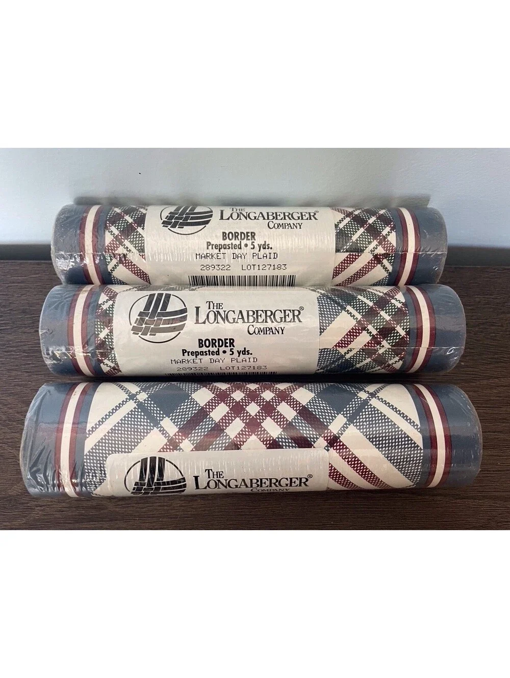 Longaberger Market Day Plaid Prepasted Wallpaper Border Blue 3 Rolls